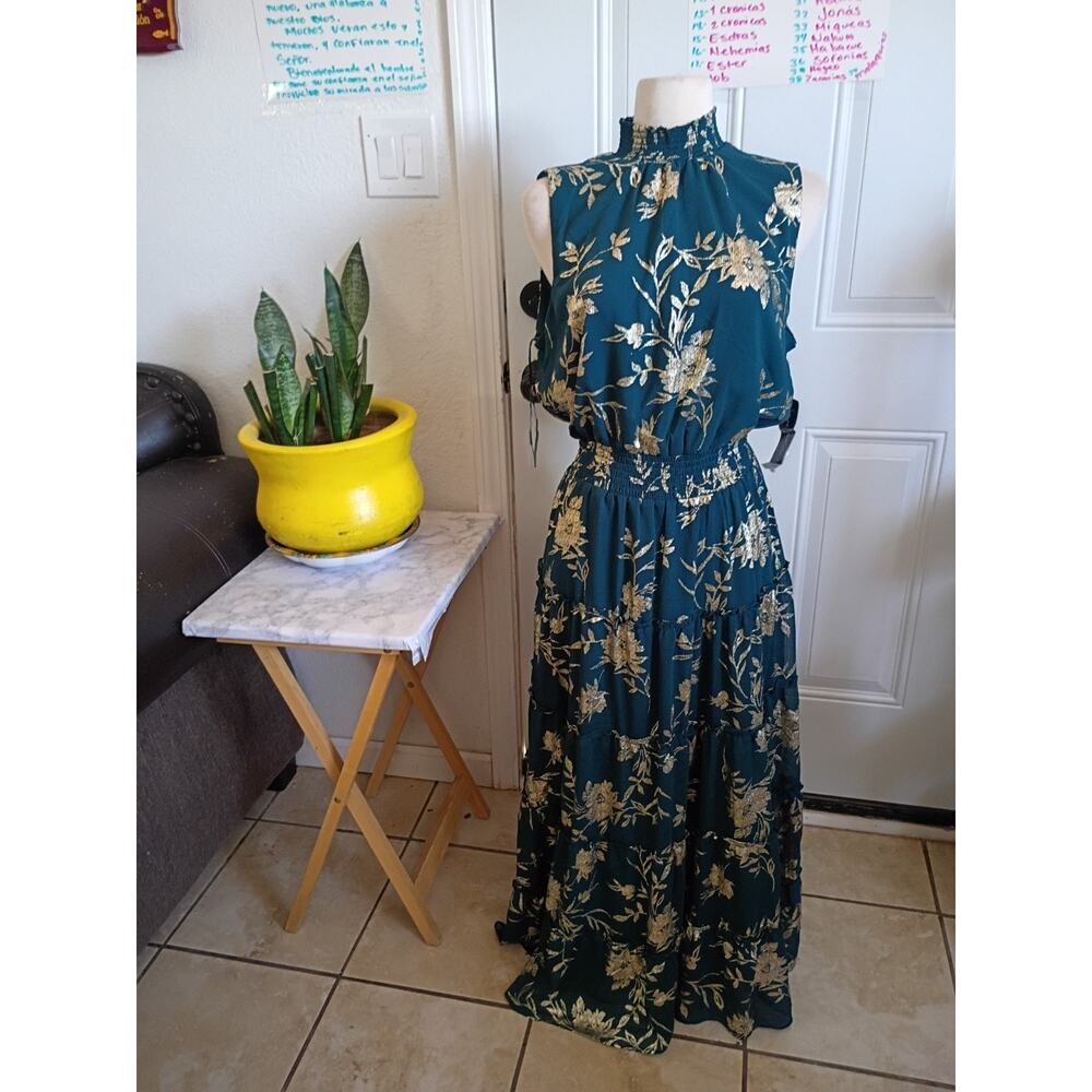 Sam & Jess Boho Tiered Floral Maxi Dress Deep Jade Green Gold Metallic Large NWT